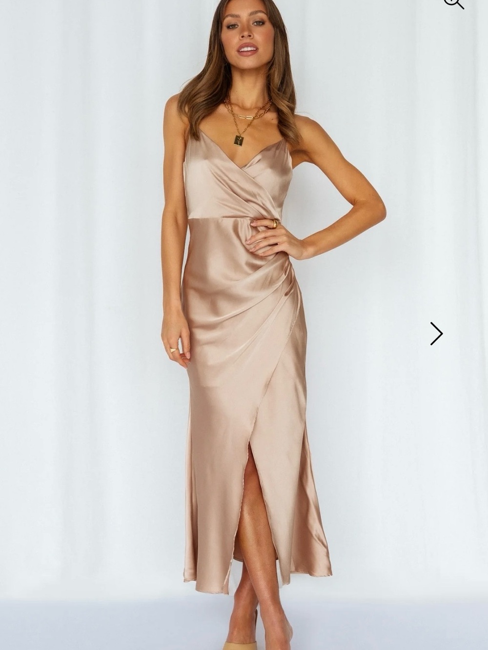 Hello Molly Satin Slip Midi Dress in Champagne